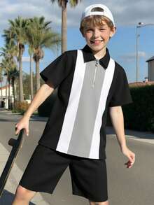 2pcs/Set Tween Boy Casual Contrast Color Block Polo Shirt And Shorts Set, Suitable For Commuting, School, Daily Casual Wear, Sports, Spring/Summer - Black - View 2