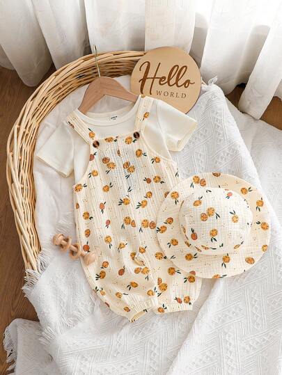 SHEIN Playful Pals Baby Boy Apricot Fruit Pattern Decorated Romper With Hat, Suitable For Everyday Outings, Family Gatherings, Birthday Parties, Holidays, Photo Shoots, Valentine's Day Outfit