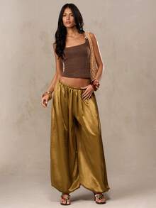 SHEIN BAE Pantalon bouffant en couleur unie à taille élastique, polyvalent et décontracté pour un port quotidien. Pantalon d'été à rayures colorées, pantalon large d'été, pantalon décontracté, pantalon de jogging, pantalon en satin, pantalon bouffant - Vert olive - Voir 5