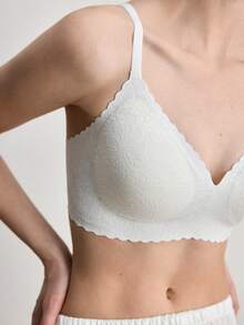 Ocili 1pc Women's Seamless Wireless Bra With Lace Trim, Supportive Soft Cup, Adjustable Shoulder Strap, Daily Comfort Wedding - White - View 6
