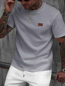 Manfinity Homme 男士夏季提花罗纹领短袖T恤，送给男友或老公的精美礼物，非常适合夏季日常休闲穿着，也适合海边度假，时尚百搭单品 - 淺灰色 - 查看 3