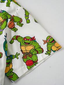 TEENAGE MUTANT NINJA TURTLES | SHEIN Men's Casual Loose Woven Classic Character All-Over Print Short Sleeve Shirt - Green - View 3