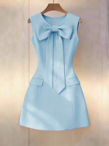 SHEIN Franclia 纯色圆领修身前蝴蝶结无袖女式连衣裙 - 藍色 - 查看 4