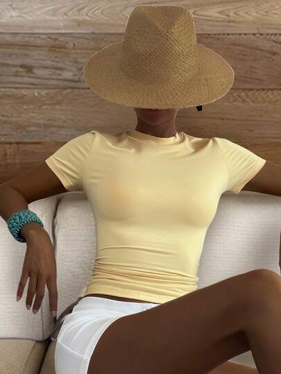 Livesso Camiseta básica de mujer de cuello redondo amarilla, casual, adecuada para festivales de música, Día de San Valentín, boda, playa, ir al trabajo, de manga corta, primavera/verano