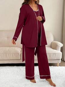 SHEIN 2pcs Nursing Contrast Trim Spaghetti Strap Jumpsuit & Romper Set - Burgundy - View 7