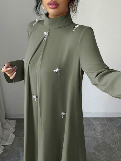 Yasmyna Women's High Neck Long Sleeve Arabic Style Dress With 3D Decor