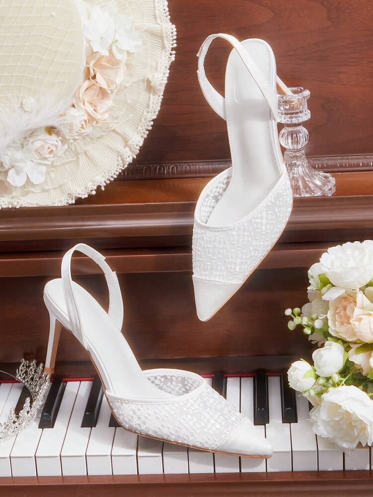CUCCOO HITCHD Women's Shoes White Pointed Stiletto Lace Mesh Wedding Party Women's High Heels Sandals Christmas Open-Toed Sandals