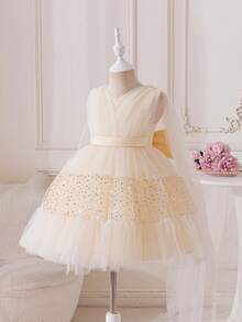 Glamorique Kids Girls' Gold Sequin Contrast Mesh Sleeveless Dress With Bow Decor At Back, Children Birthday Party Pageant Performance Dress - Champagne - View 6