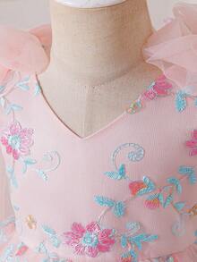 Glamorique Kids 女婴粉色刺绣连衣裙，网纱肩部饰有蝴蝶结，甜美可爱，适合作为女婴生日礼服，也适合婚礼、度假、派对等场合。 - 粉色 - 查看 6