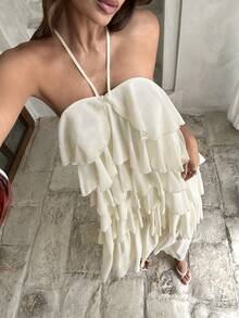 Aloruh Đầm kaki nữ thanh lịch, lãng mạn, thời trang, phong cách Bohemian, nghệ thuật, xếp lớp, bèo nhún, cổ yếm, thích hợp cho kỳ nghỉ xuân/hè. - Màu be - Xem 6