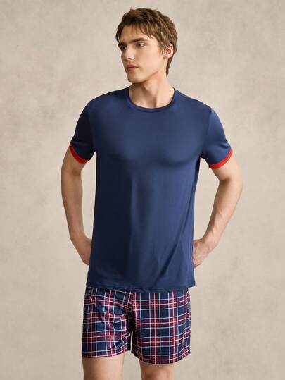 Men's Loose Fit Contrast Color Plaid Vintage Coin Pattern Comfortable Casual Short Sleeve Shorts Pajama Set, Navy Blue & Red