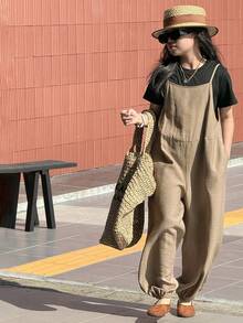 DAZY 少女休闲纯色圆领短袖T恤和宽松连体裤套装，夏季 - 黑色 - 查看 6