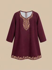 SHEIN 女嬰酒紅色長袖洋裝，金色花卉刺繡，優雅秋季復古 Abaya Kaftan 婚禮賓客端莊女嬰禮服 - 彩色 - 查看 2