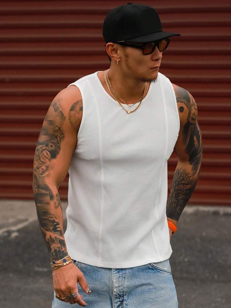 Men's Slim Fit Solid White Textured Fabric Tank Top, Summer