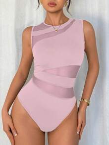 Rafferiza Petite 优雅性感圆领无袖针织拼接不规则网眼黑色春夏女士连体衣 - 淺粉色 - 查看 4