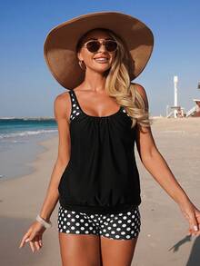 Swim Lushoire Women Printed Ruched Front Thick Strap Tankini Two Pieces Swimsuit - Black and White - View 1