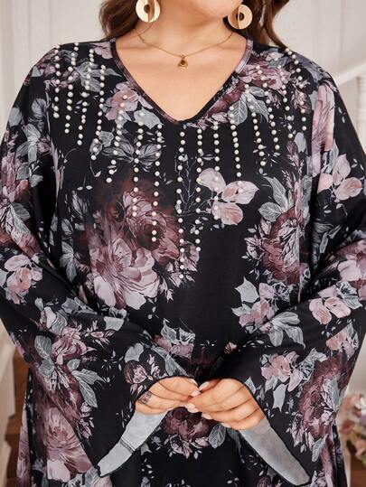 Al Najma Vestido con estampado floral y cuello con cuentas, estilo romántico, para mujer talla grande, primavera