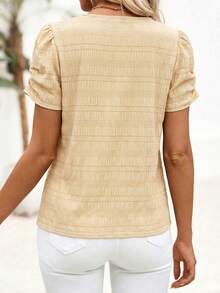 EMERY ROSE 女士夏季短袖V领褶皱袖口衬衫 - 卡其色 - 查看 2