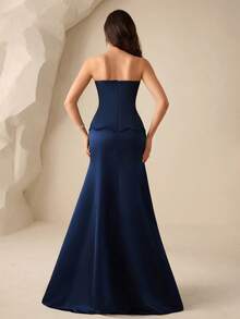 Coutiva Women's Rhinestone Embellished Mermaid Hem Formal Evening Gown (Heavy Embroidery) - Navy Blue - View 2