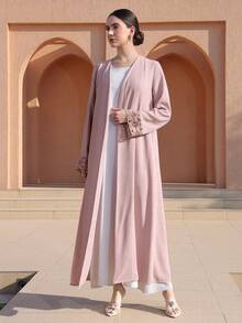 Graceveil Áo Abaya dài tay, màu trơn, kiểu dáng mở phía trước, dành cho nữ, thoải mái và đa năng, phù hợp mặc hàng ngày. - Bụi hồng - Xem 3