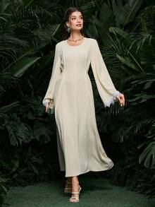 Al Najma Elegant Fitted Waist Solid Color Everyday Arabic Style Dress For Women - Yellow - View 7