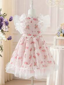 Souflis 1 chiếc đầm hè mới cho bé gái, chất liệu vải dệt thêu hoa màu hồng, cổ chữ V nhỏ, khóa kéo sau, viền bèo nhún, nơ tương phản phía trước, đính hạt cườm, dáng rộng thoải mái kiểu công chúa, thích hợp cho tiệc tùng, sinh nhật, hoạt động ngoài trời. - Hồng - Xem 2