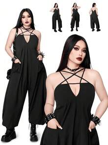 Whyspr Damen Große Größen Lässig Punk Schwarzer Jumpsuit - Schwarz - Übersicht 1