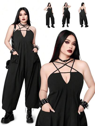 Whyspr Plus Size Women Casual Punk Black Jumpsuit
