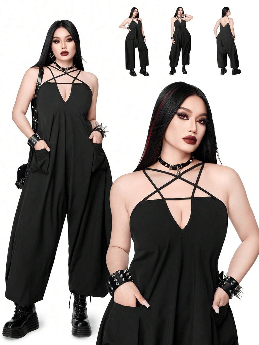 Whyspr Damen Große Größen Lässig Punk Schwarzer Jumpsuit - Schwarz - Übersicht 1