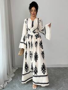 Elenzga Women's Elegant V-Neck Flare Sleeve Waist Wrap Design A-Line Maxi Dress, Floral Retro Print, Spring - Multicolor - View 5