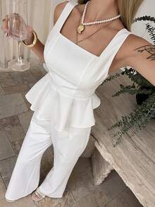 DAZY 2pcs/Set Women's Square Neck White Elegant Wedding Guest Ruffle Hem Top And Casual Pants - White - View 1