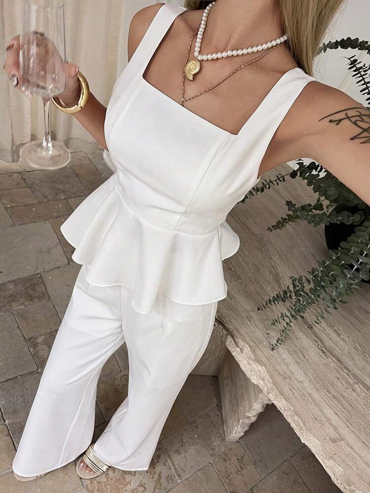 2pcs/Set Women's Square Neck White Elegant Wedding Guest Ruffle Hem Top And Casual Pants