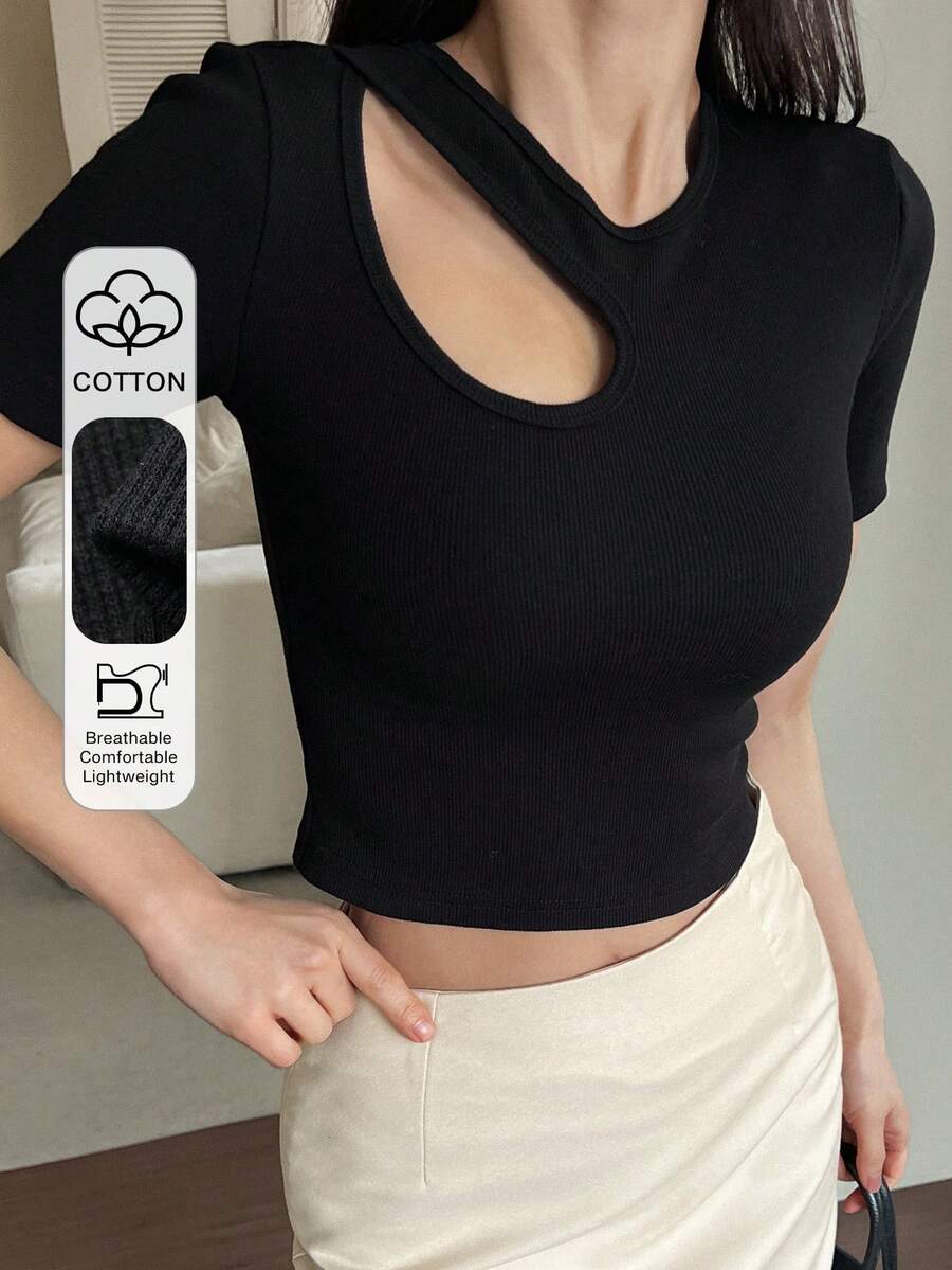 DAZY Áo lót nữ mùa hè cổ tròn tay ngắn thiết kế khoét lỗ gợi cảm phong cách thường ngày - màu đen - Xem 1