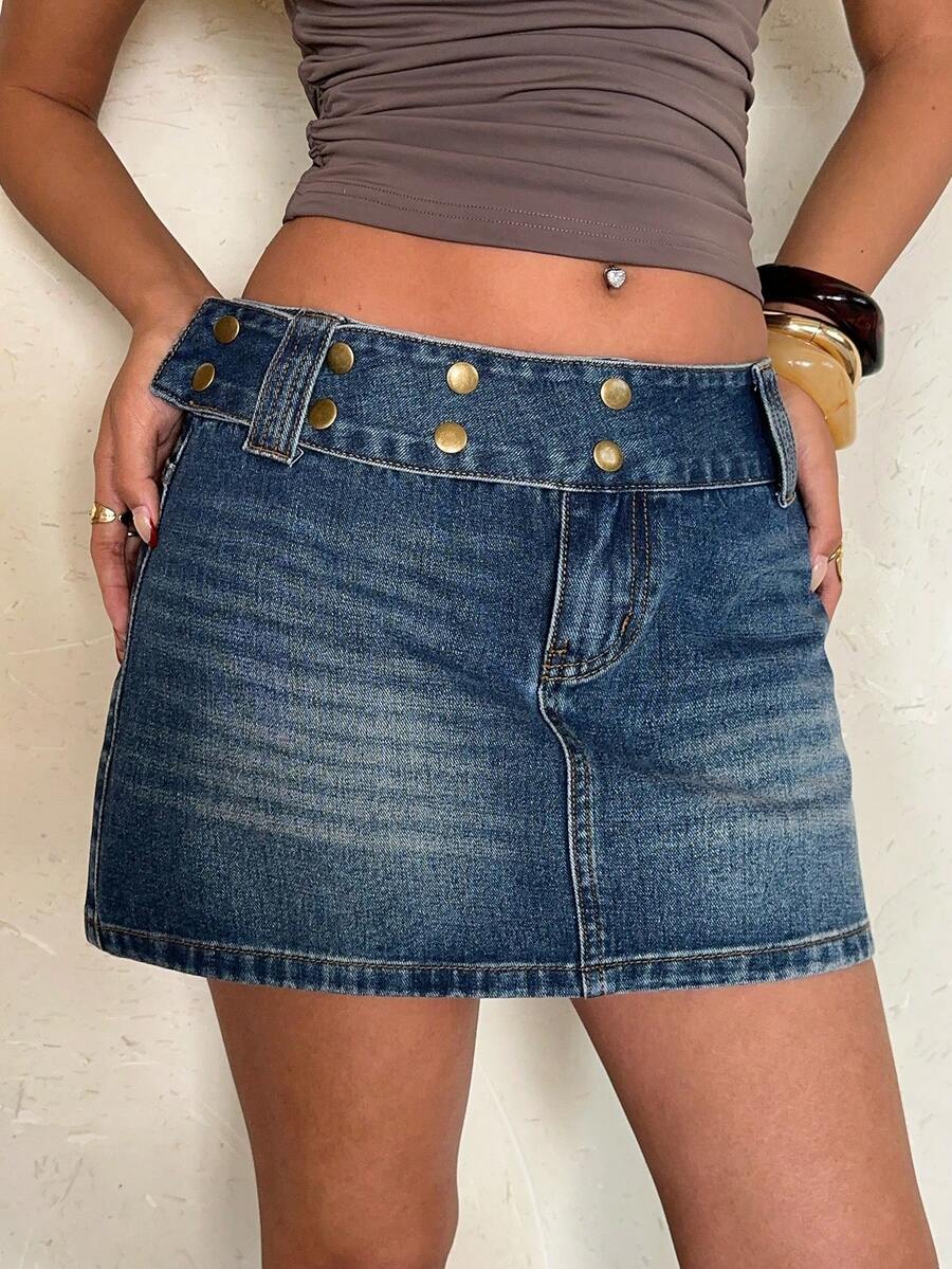 Aloruh Women's Casual Versatile Everyday Rivet Denim Mini Skirt - Blue - View 1
