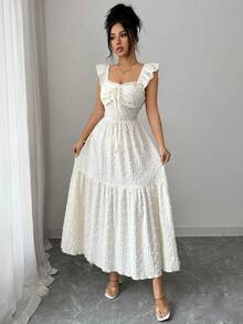 Elenzga 新款女士方领针织纹理优雅露背系带度假连衣裙 - 杏色 - 查看 6