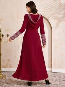 Al Najma 女士春秋季度假风拼接印花长袖连帽收腰连衣裙 - 酒紅色 - 查看 4