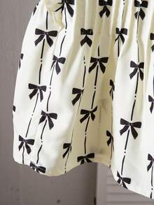 SHEIN Tween Girl Round Neck Bow Print Pleated Casual Versatile Daily Wear Cap Sleeve Blouse - Apricot - View 5