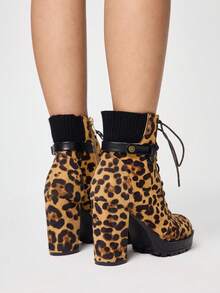 ROMWE Grunge Punk 女士豹纹时尚日常通勤铆钉搭扣高跟踝靴 - 彩色 - 查看 5