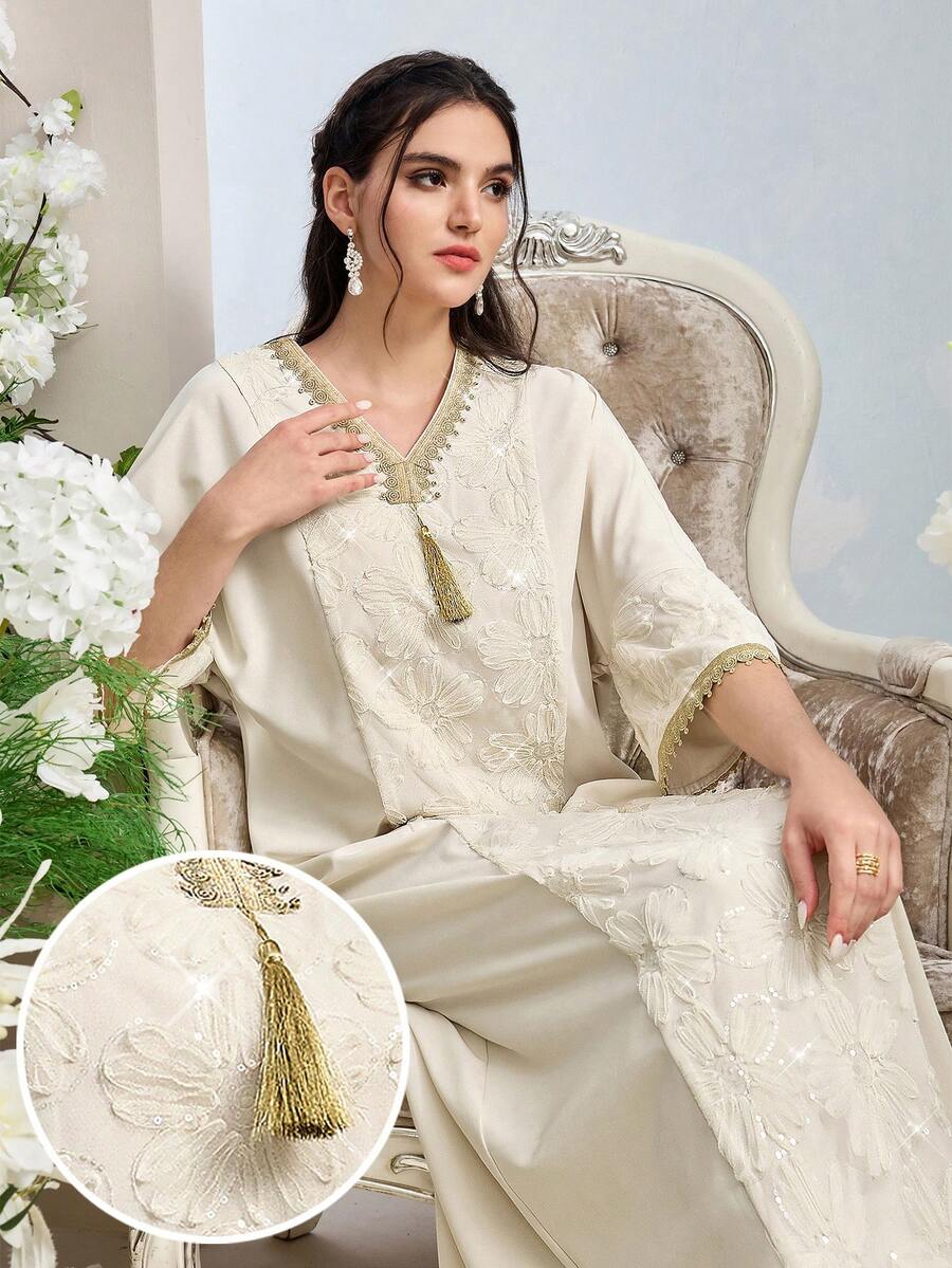 Al Najma 女士土耳其长款连衣裙和阿拉伯传统长袍 - 杏色 - 查看 1