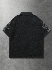 ROMWE MEN Goth 男士Polo衫，每日街头美式风格仿雪花和荆棘印花短袖Polo衫 - 黑色 - 查看 2