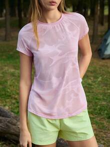 Exploreva Women's Outdoor Sports Mesh Hollow Pink T-Shirt - Pink - View 4