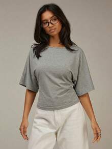 Athîral 女士休闲简约圆领系带短袖上衣，夏季 - 灰色 - 查看 3