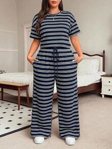 SHEIN EZwear 加大码藏蓝色条纹T恤和裤子休闲两件套，夏季 - 藏蓝色 - 查看 6