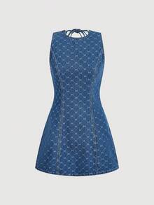 Sweetra 女士时尚休闲优雅百搭无袖牛仔连衣裙 - 中等水洗藍 - 查看 1