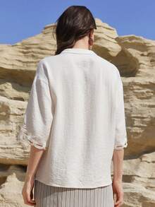 Dazy-Less 女士时尚度假休闲刺绣镂空V领衬衫 - 白色 - 查看 6