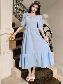 DAZY Women's Elegant Ruffled Embroidered Mid-Length Dress, Summer Wedding Guest Dress - Blue - View 5