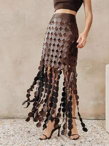 Anewsta 新款优雅镂空波点度假风半身裙，复古别致纹理流苏时尚百搭女裙 - 棕色 - 查看 1