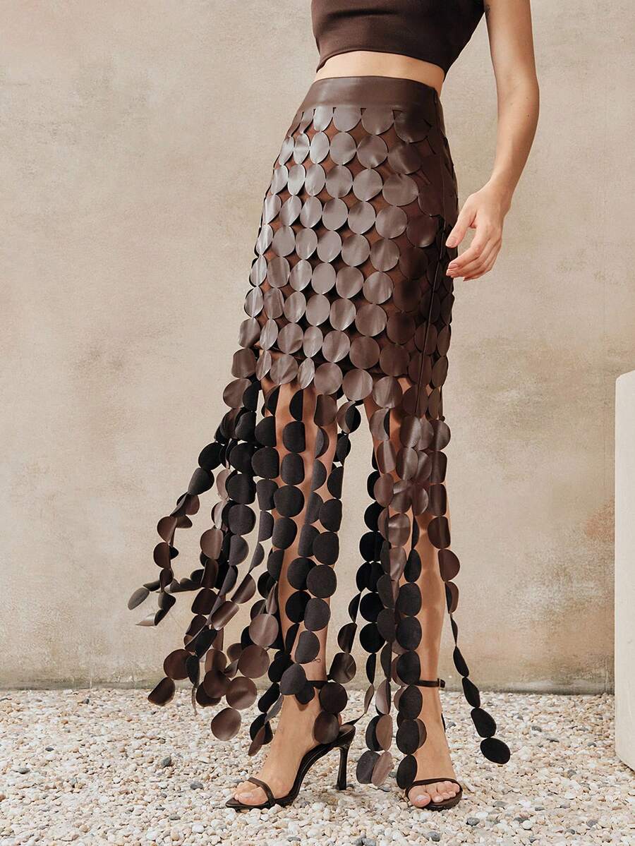 Anewsta 新款优雅镂空波点度假风半身裙，复古别致纹理流苏时尚百搭女裙 - 棕色 - 查看 1