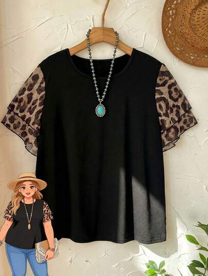 EMERY ROSE Plus Size Women's Summer Casual Vacation  Country  Leopard Print Ruffle Sleeve Patchwork Round Neck Black T-Shirt, Spring/Summer,Early Spring,Spring Break Outfits ,Vacation Outfits Women ,Holiday Outfits For Women,Spring Clothes Women,Going Out Outfits,2026 New Clothes,Simple And Fashionable For Everyday Wear, Leopard Print Top, Short Sleeve Top, Black Top