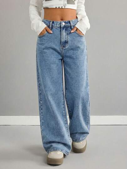 SHEIN Girls' Loose Fit Wide Leg Khaki Jeans